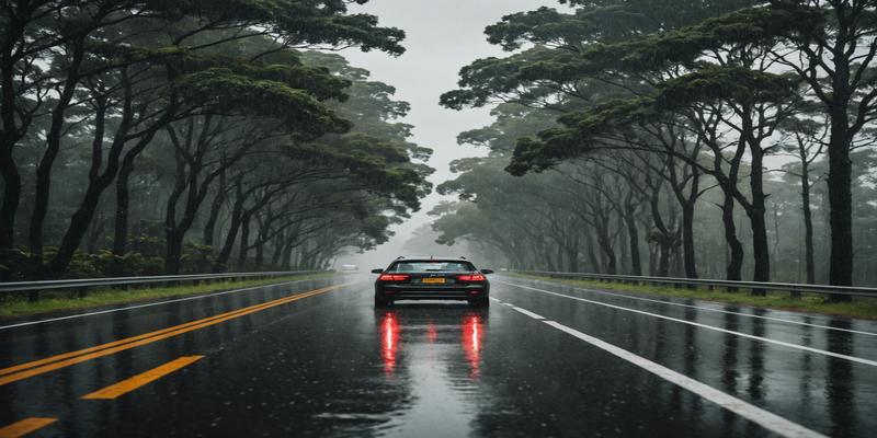 Car driving on a wet road in the rain